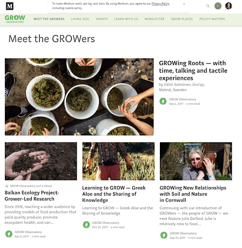 A screenshot of a web page titled "Meet the GROWers", subtitled "GROWing Roots - with time, talking and tactile experiences". There are several pictures of people gardening, e.g. placing soil and seeds in pots, and links to articles.