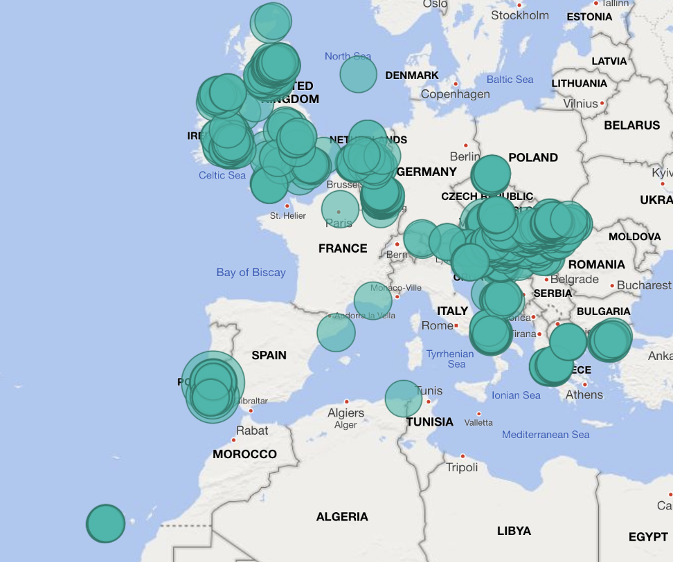 A map of Europe and northern Africa. The countries are in white. There are a great many (at least 50) large green circles indicating data points. (There is no indication what the data is because it is just an example map.) The points are mostly concentrated over the UK and Austria, with a few in France and Tunisia and one in the middle of the North Sea.