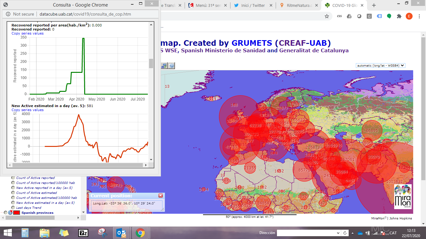 A screenshot of a web page showing a map "created by GRUMPETS (CREAF-UAB)". It is a world map with very large red filled but transparent circles shown over much of Europe, the Middle East, south Asia, and central America. There is a pop-up window showing "Consulta: Google Chrome" with a green line graph with a sharp peak. The map and graph combined seem to be showing reported species per area.