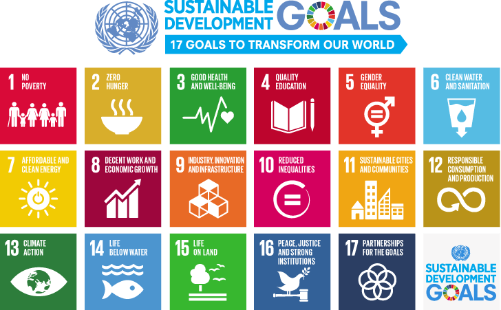 A standard chart of the sustainable development goals, including the standard logo and slogan "17 goals to transform our world". Each goal is in a brightly coloured box, e.g. 1. "No Poverty" in red, 2. "Zero Hunger" in mustard yellow, etc. 