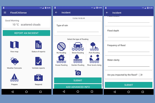 A screenshot of the app interface for the Flood Citi Sense app