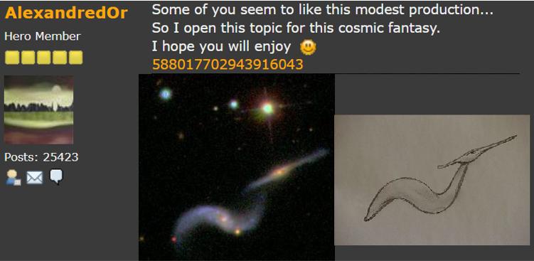 A screenshot of a Galaxy Zoo Forum thread. An image of two galaxies (one flat, one curved) is next to a photograph of a paper sketch of an amusing fantasy creature shaped rather like the galaxy.