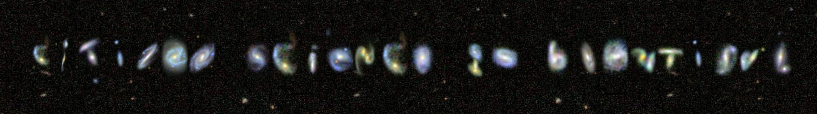 The phrase "Citizen Science is Beautiful" written in galaxies. These galaxies have unusual shapes and look a little like letters of the alphabet.