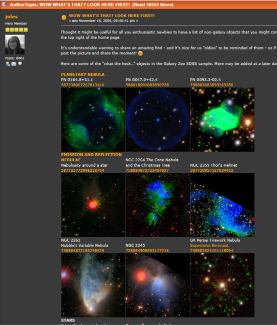 A screenshot of a Galaxy Zoo Forum thread called "WOW WHAT'S THAT? Look here first!" It contains several square images of astronomical objects and captions explaining them.