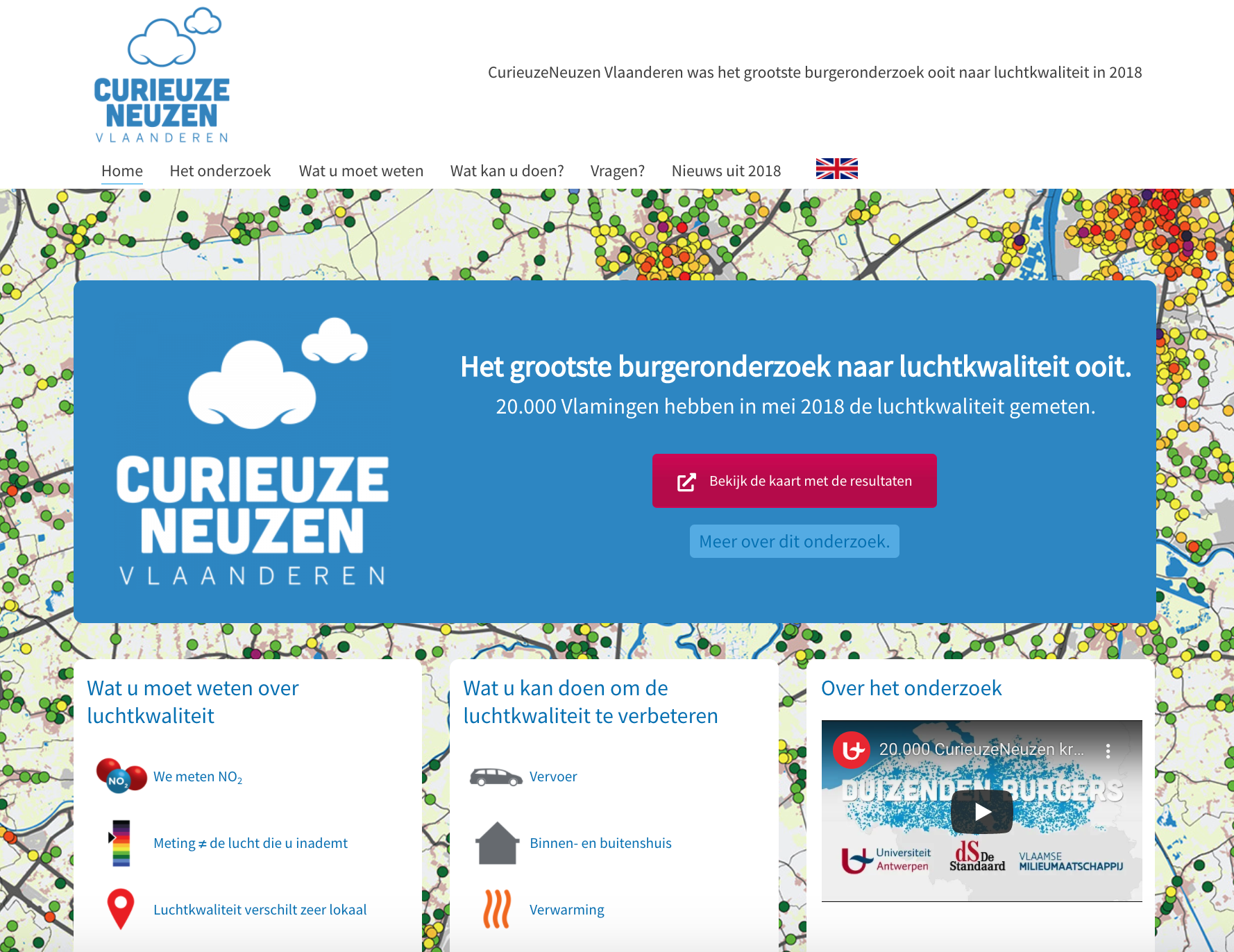 The images shows the home page of a website in Flemish and an English flag for the English version.