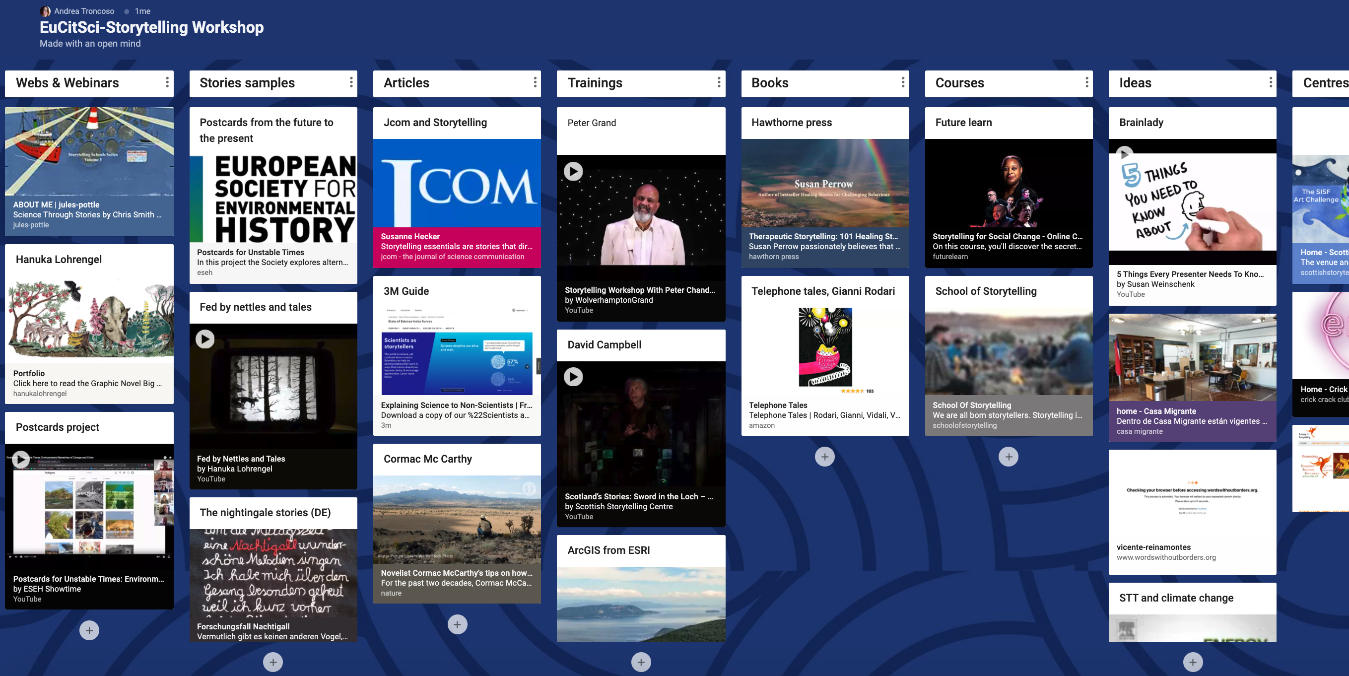 Blue background, as a board, with different tiles showing thumbnails of the resources shared. They are mainly websites.