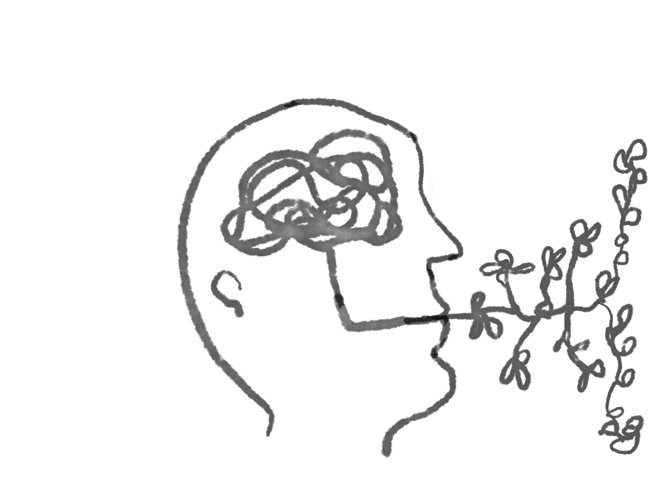 Drawing showing the face of a person who is speaking. A string of flowers displaying  way come from her/his mouth.