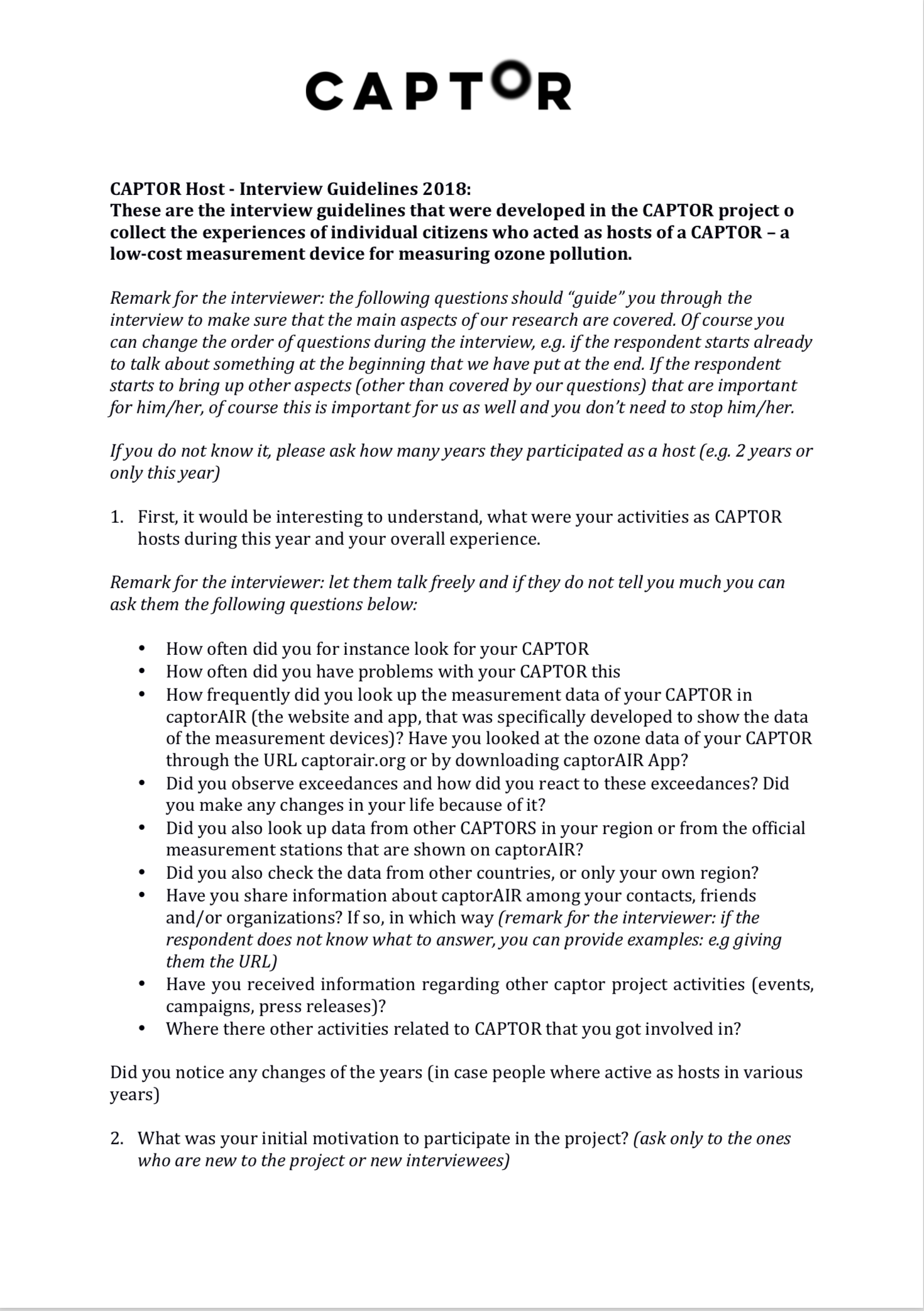 Question guidelines for interviews with citizens involved in the CAPTOR project