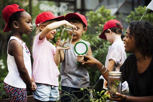 Kids looking at bugs in a glass jar