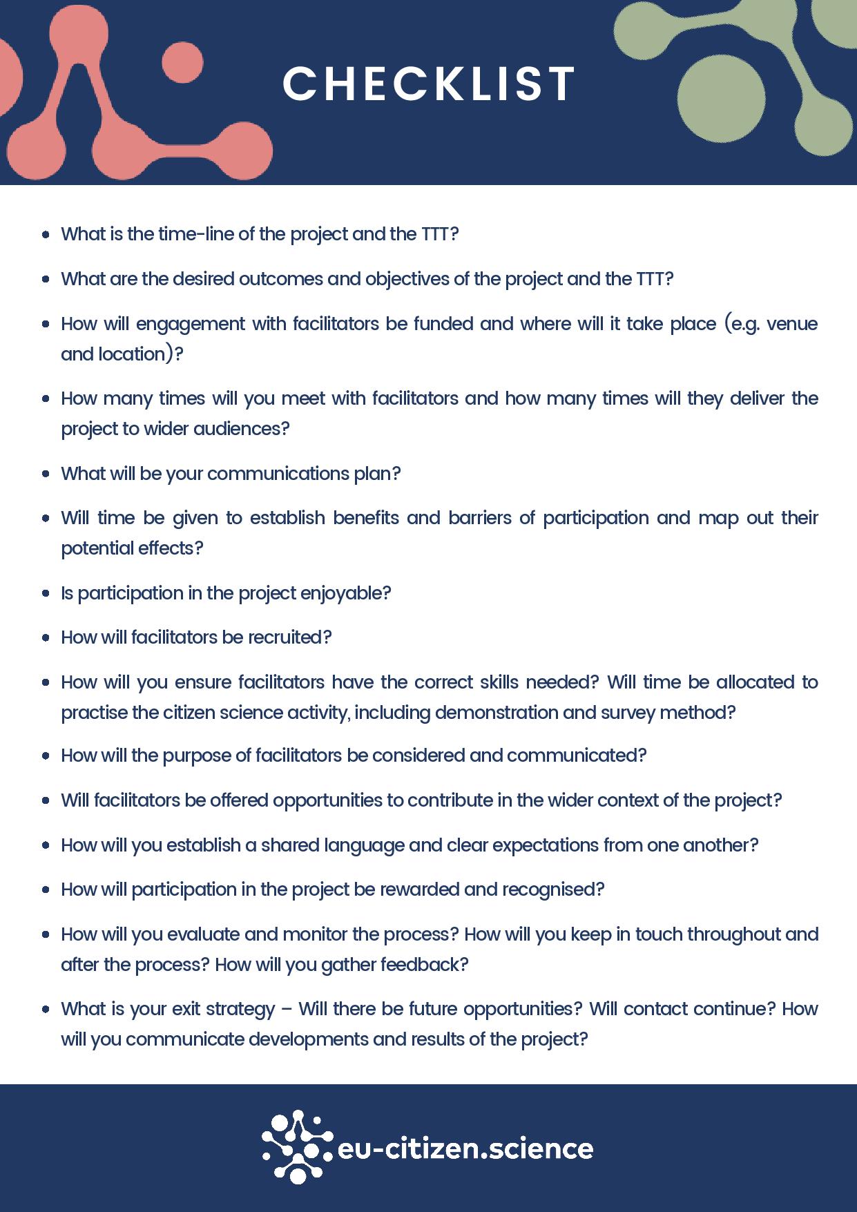 A PDF style document titled "Checklist" with the same text as the bullet pointed questions below. The graphics are EU-Citizen.Science themed.